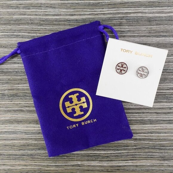 Tory Burch Logo Circle Stud Earrings Silver OS - Picture 13 of 14